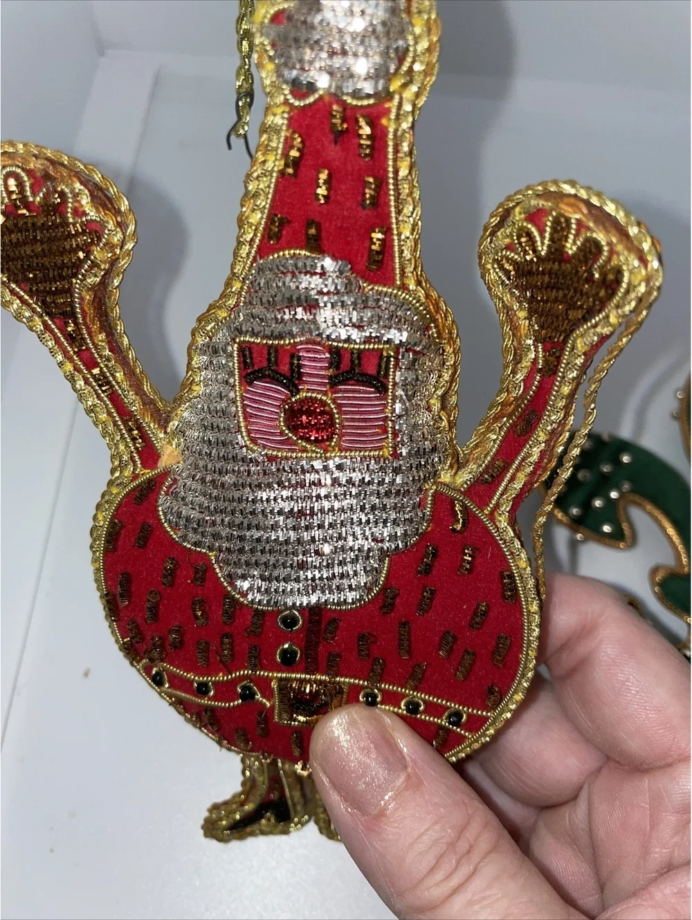 2 vintage Christmas ornaments velvet red green gold Santa Fleur De Lis